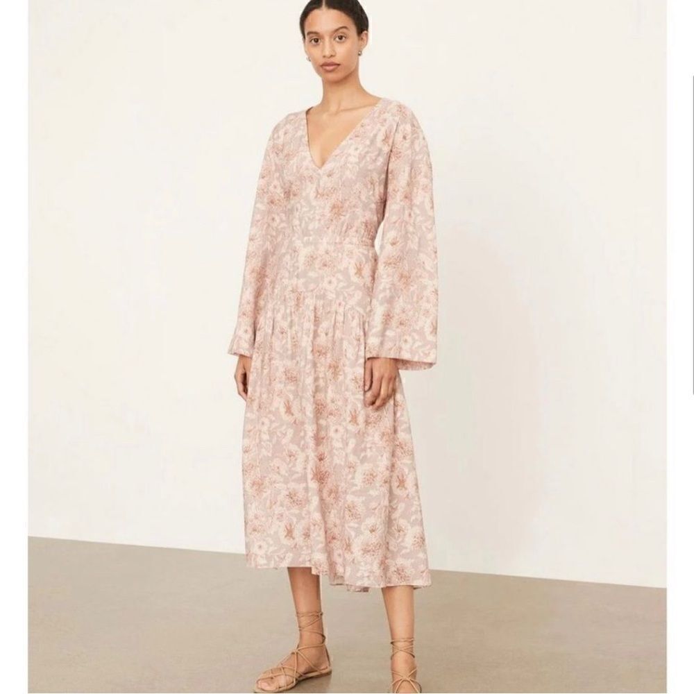Vince NWT Dahlia Print Long Sleeve Midi Cut Out Dress Beige Pink Floral … - Picture 2 of 14